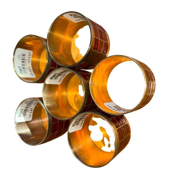 New 6 Vintage Enamel & Brass Napkin Rings Orange and Red Design - Picture 3 of 9